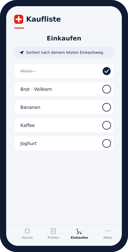 Kaufliste-App, Einkaufen-Ansicht: die Liste ist nach dem Weg durch den Laden sortiert, Artikel werden abgehakt.